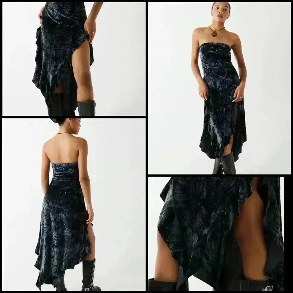 Silence + Noise Luna Velvet Strapless Ruffle Asymmetrical Goth Midi Dress S